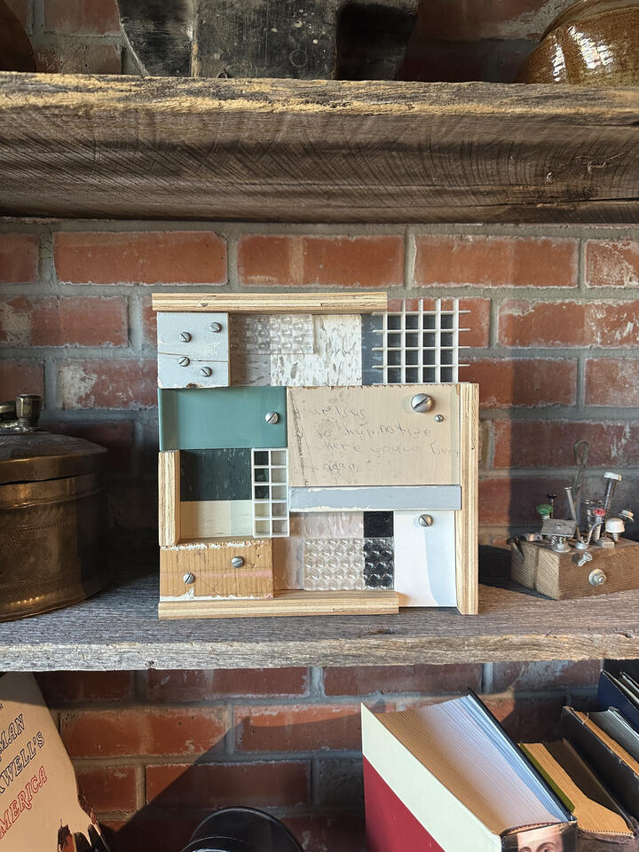 Wall sculpture made from reclaimed wood and vintage rubber and vinyl flooring samples Wall sculpture made from reclaimed wood and vintage rubber and vinyl flooring samples